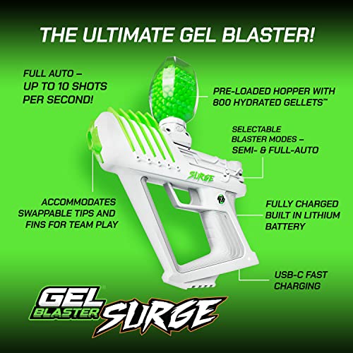 Gel Blaster Surge - 10.800 rondas, rango extendido de más de 100 pies - Modos semiy automáticos - Rápido y potente 170 FPS - Hasta 4 horas con una sola carga - 800 rondas prehidratadas