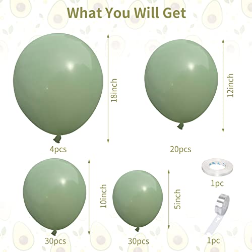 Globos verdes salvia, kit de guirnalda de globos verde salvia, paquete de 84 unidades de 5 globos de látex verde oliva de 10 12 18 pulgadas, globos de eucalipto de perlas mate para decoraciones