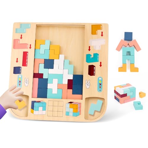 Glovios Tetra Tetris Juguetes Montessori Cerebrales Torre Tangram de 3 4 5 años Juego de Inteligencia lógica en 3D Rompecabezas Montessori 3 en 1 Rompecabezas de Cubos Regalo para niños niños niñas