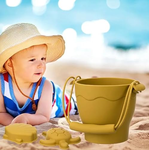 Goldstadt Nulli Juguete de arena de silicona (8 piezas) – Juego de cubo de arena – Juguete acuático – Incluye red para transportar – Juego de playa – Juguetes para niños – Envío gratis (beige)