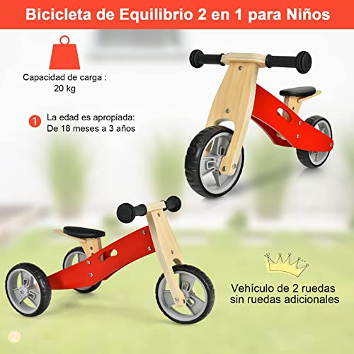 GOPLUS Bicicleta sin Pedales, Triciclos para Niños, Bici Equilibrio 2 en 1 de Madera, Juguete Infantil para Mantener el Equilibrio, para Niños de 18 Meses a 3 Años