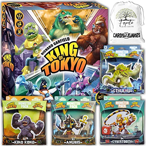 Great Set Emperor of Tokyo: Juego de mesa de nueva edición con Monster Pack #1 Cthulhu, #2 King Kong, #3 Anubis y #4 CYBERTOOTH Bundle con bolsa de cordón de color aleatorio