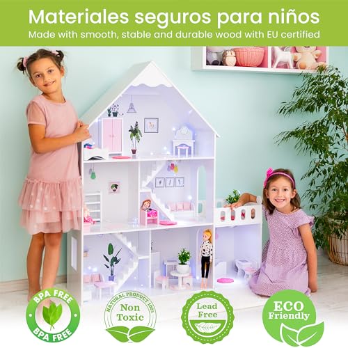 Green series Casa de Madera - Versión con Elementos Rosa, 57 Accesorios Incluidos, Casitas de Madera Infantiles, Modelo GS0023B (Premium)