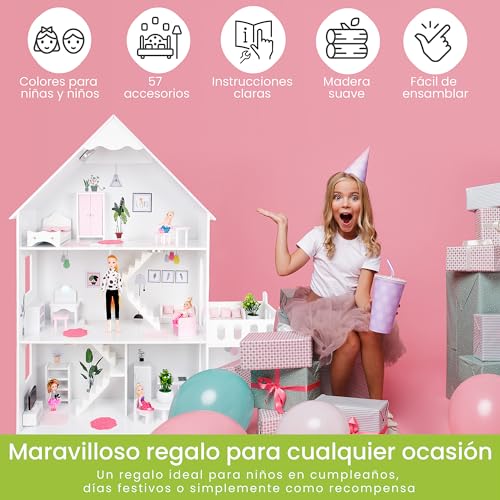 Green series Casa de Madera - Versión con Elementos Rosa, 57 Accesorios Incluidos, Casitas de Madera Infantiles, Modelo GS0023B (Premium)