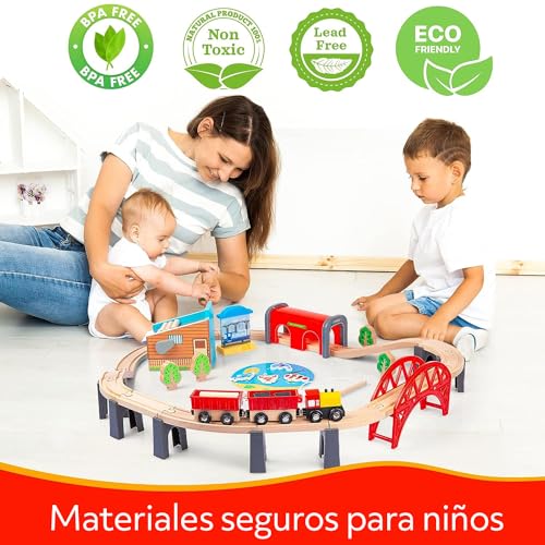 Green series Juego de tren de madera para niños – Tren de juguete para niños, 48 piezas, 213 cm de largo, tren de madera, modelo GS6151
