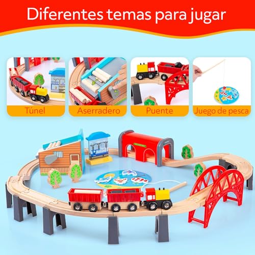 Green series Juego de tren de madera para niños – Tren de juguete para niños, 48 piezas, 213 cm de largo, tren de madera, modelo GS6151