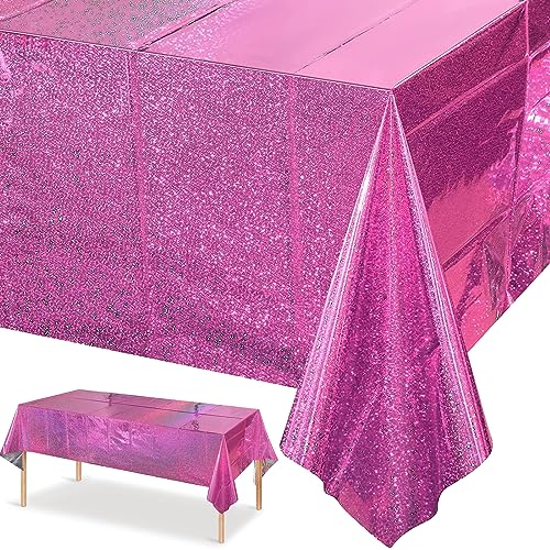 GRESATEK Mantel iridiscente para fiesta, color rosa intenso, para mesa de láser, de plástico, holográfico, color rosa y morado, para picnic al aire libre, cumpleaños, baby shower, boda, fiesta,