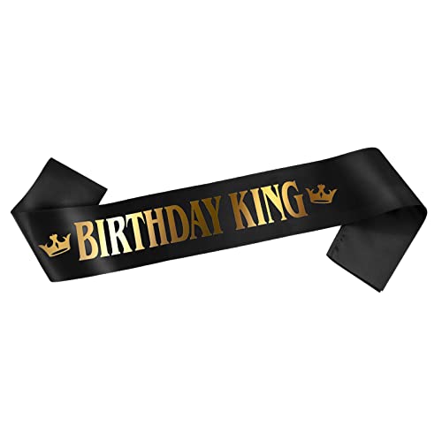 Grevosea Banda de cumpleaños para rey de cumpleaños, pancarta de feliz cumpleaños, banda de satén negro con lámina dorada, accesorios de cumpleaños para hombres y niños, suministros de decoración de