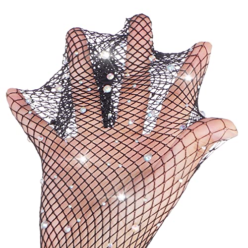 Guantes de Red Largos Negros para Mujer Long Fishnet Gloves con Diamantes de Imitación Brillantes Guantes de Opera de Moda para Fiesta de Disfraces de los Años 80 Suministros de Cosplay de Halloween