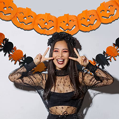 Guirnalda de papel en forma de calabaza, decoraciones espeluznantes de Halloween, decoraciones colgantes plegables 3D con cuerda para colgar, guirnalda de Halloween