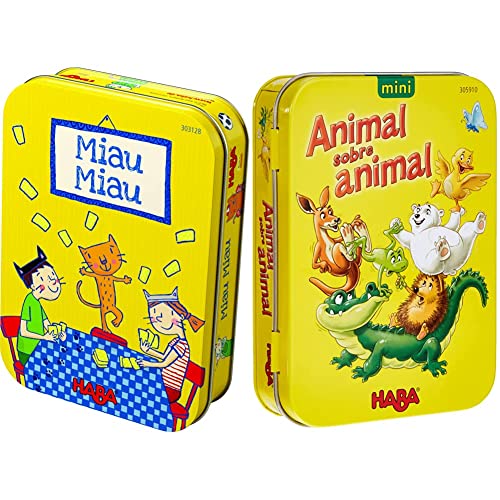 HABA Miau-ESP (303128) Juego de Cartas + 305910 - Animal sobre Animal, Version Mini, Juego de destreza a Partir de 5 años