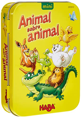 HABA Miau-ESP (303128) Juego de Cartas + 305910 - Animal sobre Animal, Version Mini, Juego de destreza a Partir de 5 años