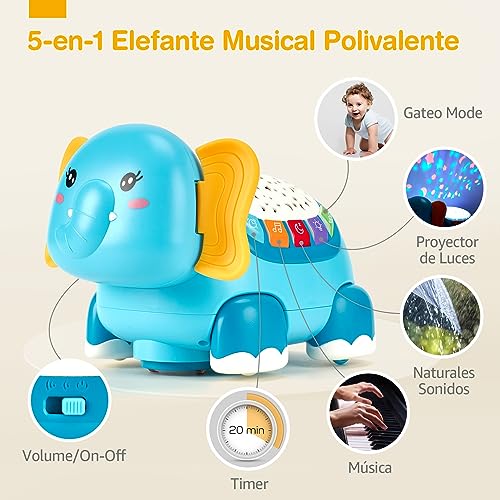hahaland Elefante Musical Proyector Juguetes Niños 1 año, Juguetes Gatear para Bebes 6-12 Meses, Proyector de Luces Multicolor con Música Relajante, Regalos Originales para Bebes Niños 1 2 3 Años