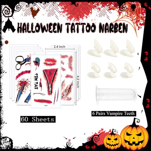 Halloween Temporay Tattoos, 60 hojas Cicatrices de tatuajes Halloween con Tatuajes Temporales Halloween y dientes de vampiro para carnaval, Mascarada de Maquillaje Halloween Cosplay