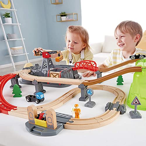 Hape Sustainable Wood Toy Train, Railway Bucket 50-Piece Builder Set with Railway Tracks, 1 Railwayman, 1 Signal Box, 1 Truck, 1 Crane. 3 Years +