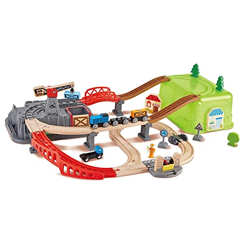 Hape Sustainable Wood Toy Train, Railway Bucket 50-Piece Builder Set with Railway Tracks, 1 Railwayman, 1 Signal Box, 1 Truck, 1 Crane. 3 Years +
