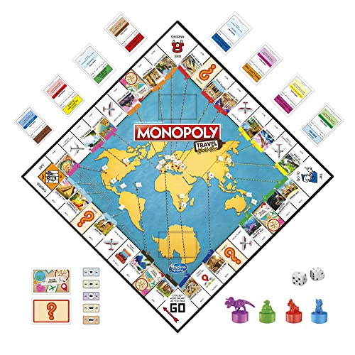 Hasbro Gaming Juego de mesa Monopoly Travel World Tour para familias y niños a partir de 8 años, incluye sellos de fichas y tablero de borrado en seco