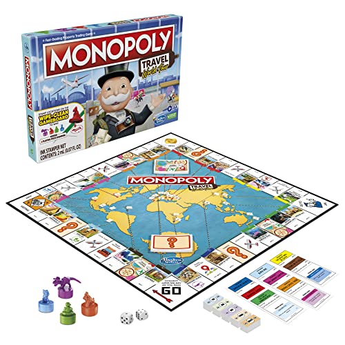 Hasbro Gaming Juego de mesa Monopoly Travel World Tour para familias y niños a partir de 8 años, incluye sellos de fichas y tablero de borrado en seco