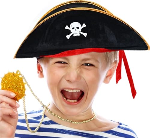 Hatstar Juego de piratas para niños, sombrero con lazo rojo y calavera, telescopio, bolsa para monedas y parche en el ojo, accesorio para el disfraz de pirata, para niños y niñas, para carnaval