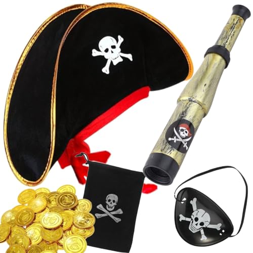 Hatstar Juego de piratas para niños, sombrero con lazo rojo y calavera, telescopio, bolsa para monedas y parche en el ojo, accesorio para el disfraz de pirata, para niños y niñas, para carnaval