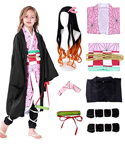 Heionia 9PCS Nezuko Kamado Cosplay Disfraz Kimono Pelucas Nezuko Demon Anime Disfraces Costume Niñas para Carnaval Halloween Fiestas (140)