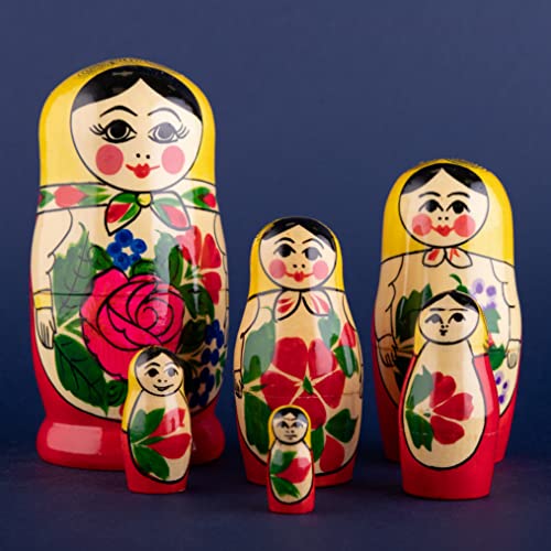Heka Naturals Semyonov Muñecas de Anidación | Set de 6 (13 cm) Muñecas de Madera Matrioska - Tradicional Babushka Decoración Hogar, Juguetes de Madera, Hechos a Mano