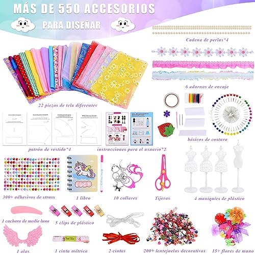 Herenear 550+ Kit de Diseño de Moda Para Niñas con 4 Maniquíes, Kit de Costura Para Niños, Diseña la Moda Niñas Kit, Juegos Moda Kit de Diseño Manualidades Para Niñas 6-12+ Años Cumpleaños Regalo