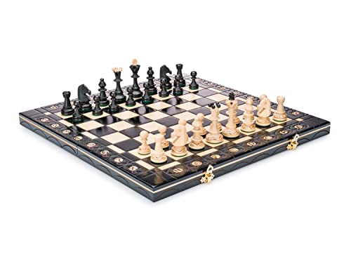 Hermoso juego de ajedrez con tablero de madera y piezas hechas a mano. Producto ideal para regalo, 40 cm, negro y beis
