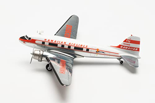 Herpa Modelo de avión Hawaiian Airlines Douglas DC-3 "Viewmaster N33608 Escala 1:200 - Modelo de avión para Diorama, modelismo, Pieza de coleccionista, avión con Soporte de Metal