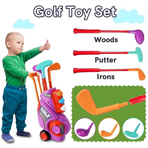 HERSITY Juego Golf Niños, Mini Golf Juguete con 3 Palos de Golf, 1 Carro, 6 Pelotas de Golf, 2 Banderas y 2 Hoyos, Juguetes Exteriores para Niños Niñas 3 4 5 Años