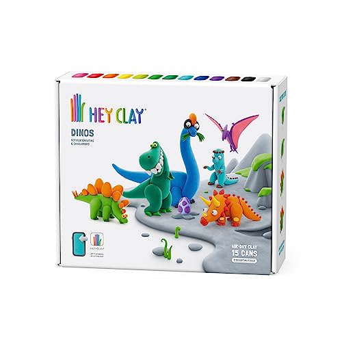 Hey Clay E73363 Dinos Set Colorido Modelado Kids-Air Dry Clay Kit 15 latas y Herramientas de Esculpir con Divertida aplicación de Instrucciones interactivas, Multicolor