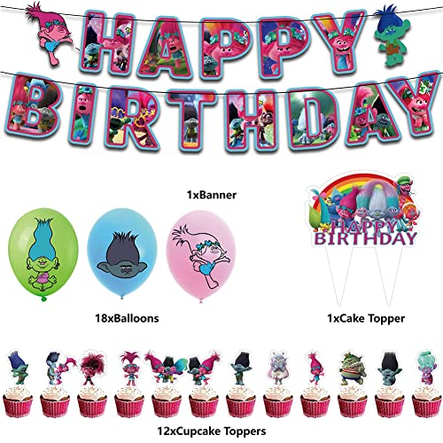 Hilloly Troll Decoración de Cumpleaños 32 Piezas Troll Theme Decoración de Fiesta Pancarta de Feliz Cumpleaños Adornos para Pastel Globos de Látex Trolls Suministros de Fiesta para Niños