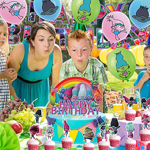 Hilloly Troll Decoración de Cumpleaños 32 Piezas Troll Theme Decoración de Fiesta Pancarta de Feliz Cumpleaños Adornos para Pastel Globos de Látex Trolls Suministros de Fiesta para Niños