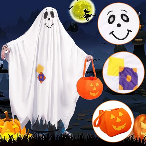 HIQE-FL Disfraz de Fantasma Niño,Disfraz de Halloween Ghost blanco capa con capucha,Disfraz de Fantasma para Niños Pequeños con Cubo de Calabaza,para halloween, carnaval y cumpleaños