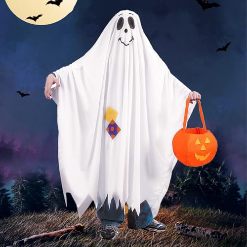 HIQE-FL Disfraz de Fantasma Niño,Disfraz de Halloween Ghost blanco capa con capucha,Disfraz de Fantasma para Niños Pequeños con Cubo de Calabaza,para halloween, carnaval y cumpleaños