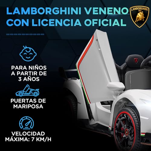 HOMCOM Coche Eléctrico Lamborghini para Niños de 3 a 6 Años Coche de Batería 12V Velocidad MAX.7 km/h Puerta de Tijera con Control Remoto MP3 Luces y Cinturón de Seguridad 111x61x45 cm Blanco
