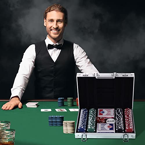 HOMCOM Maletín de Poker Profesional de Aluminio con 200 Fichas Juego Set de Poker Casino con 5 Dados 2 Barajas de Cartas y 1 Ficha de Crupier 29,5x20,5x6,5 cm Multicolor