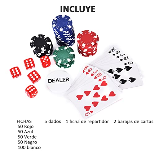 HOMCOM Maletín de Poker Profesional de Aluminio con 200 Fichas Juego Set de Poker Casino con 5 Dados 2 Barajas de Cartas y 1 Ficha de Crupier 29,5x20,5x6,5 cm Multicolor