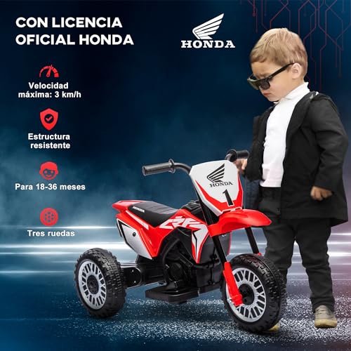 HOMCOM Moto Eléctrica con Licencia Honda CRF450RL para Niños de +18 Meses Motocicleta de Batería 6V con Velocidad 3 km/h Bocina y Sonido de Arranque Carga 25 kg 71x40,5x43,5 cm Rojo