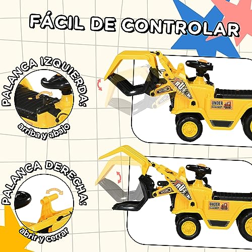 HOMCOM Tractor sin Pedales Excavadora para Niños de +3 Años con Bocina Asiento de Almacenamiento Oculto y Pala Móvil Carga 30 kg 83x27x39 cm Amarillo