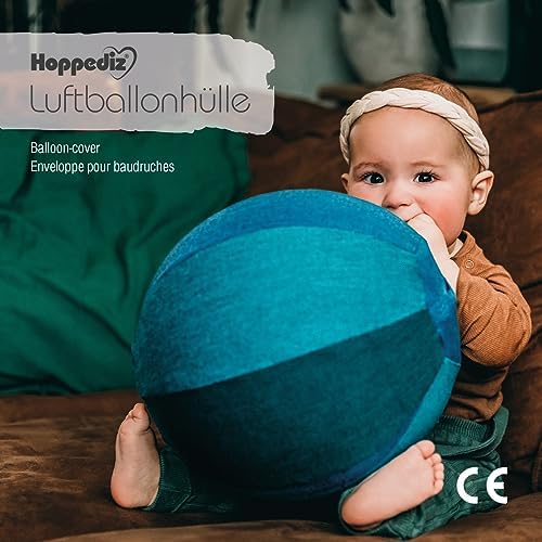 Hoppediz Funda para globos, práctica pelota de mano, diversión para viajes y en casa, infla rápidamente, idea de regalo, 2 globos incluidos, diseño Brest, 25 cm de diámetro, color azul