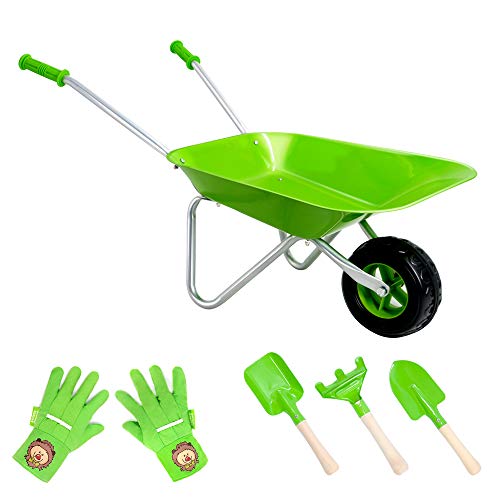Hortem Juego de carretilla para niños, barril de rueda de construcción de metal, fácil de montar y 3 herramientas de jardinería para niños, accesorios de jardín para niños (verde)