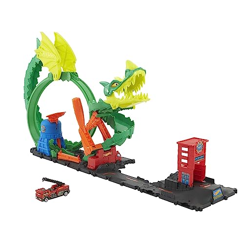 Hot Wheels City Ataque del dragón Pista para coches de juguete con estación y camión de bomberos, +5 años (Mattel HJV70)