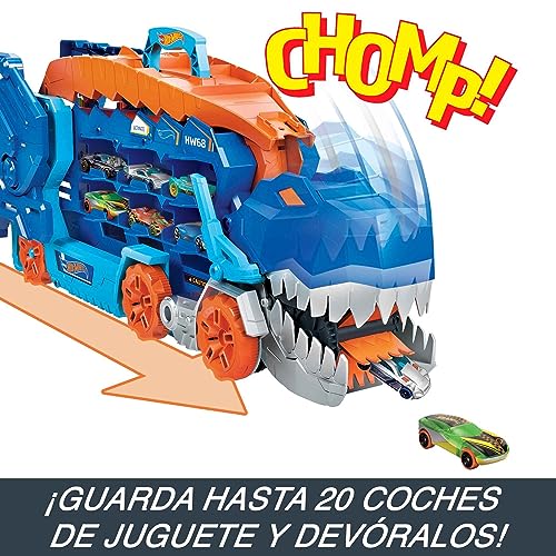 Hot Wheels City Camión T-Rex definitivo Dinosaurio transporte y pista para coches de juguete, incluye 2 vehículos, +4 años (Mattel HNG50)