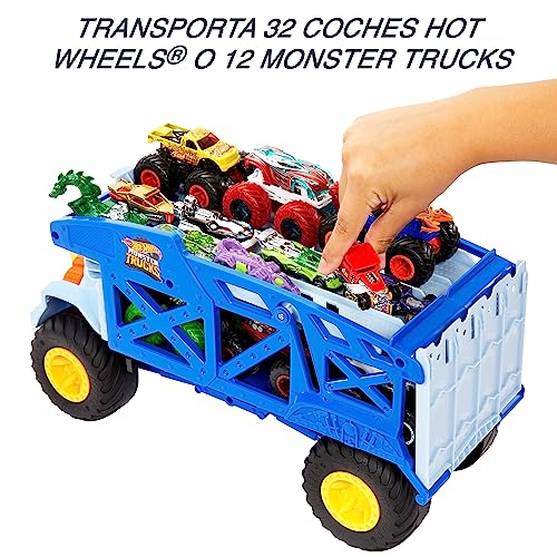 Hot Wheels Monster Trucks Rino Camión de transporte de coches de juguete con pista, regalo para niños y niñas +3 años (Mattel HFB13)