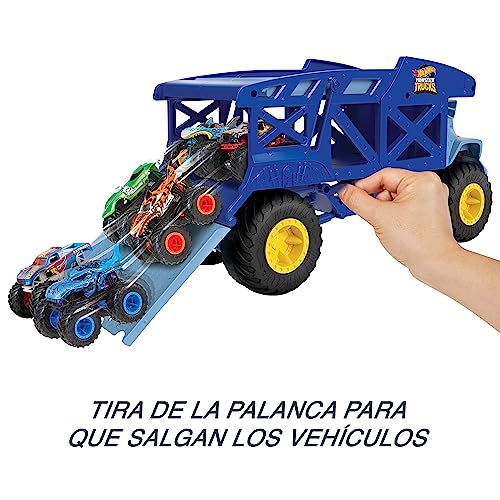 Hot Wheels Monster Trucks Rino Camión de transporte de coches de juguete con pista, regalo para niños y niñas +3 años (Mattel HFB13)