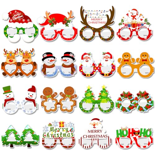 HOWAF 16Pcs Christmas Eyeglasses, Paper Christmas Party Eyeglasses Merry Christmas Party Glasses Photo Booth Props for Christmas Party Decorations