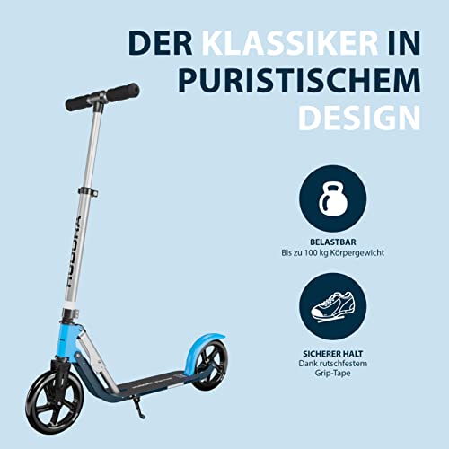 HUDORA BigWheel 205 Pure Scooter - Patinete para niños y Adultos a Partir de 6 años - Patinete Urbano hasta 100 kg - Plegable y Regulable en Altura - Azul - 14318