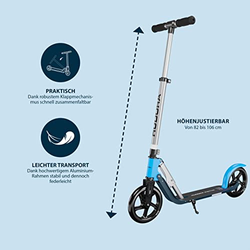 HUDORA BigWheel 205 Pure Scooter - Patinete para niños y Adultos a Partir de 6 años - Patinete Urbano hasta 100 kg - Plegable y Regulable en Altura - Azul - 14318