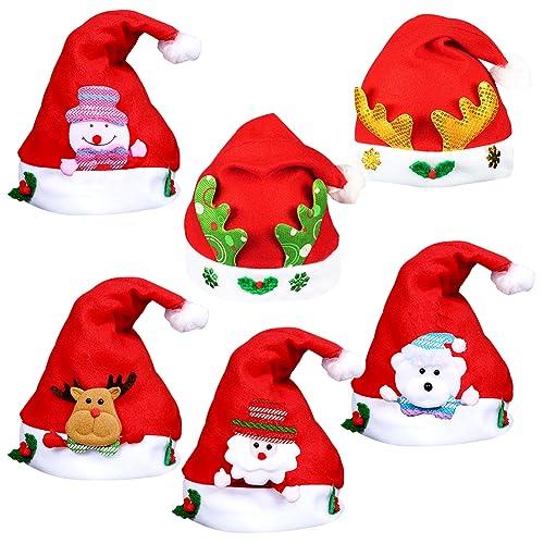 IFHDO 6 Piezas Gorro de Papá Noel Rojo Juego, Gorros de Papá Noel de Felpa, Gorros de Papa Noel para Adultos Gorro de Navidad de Sombrero de Santa Gorro